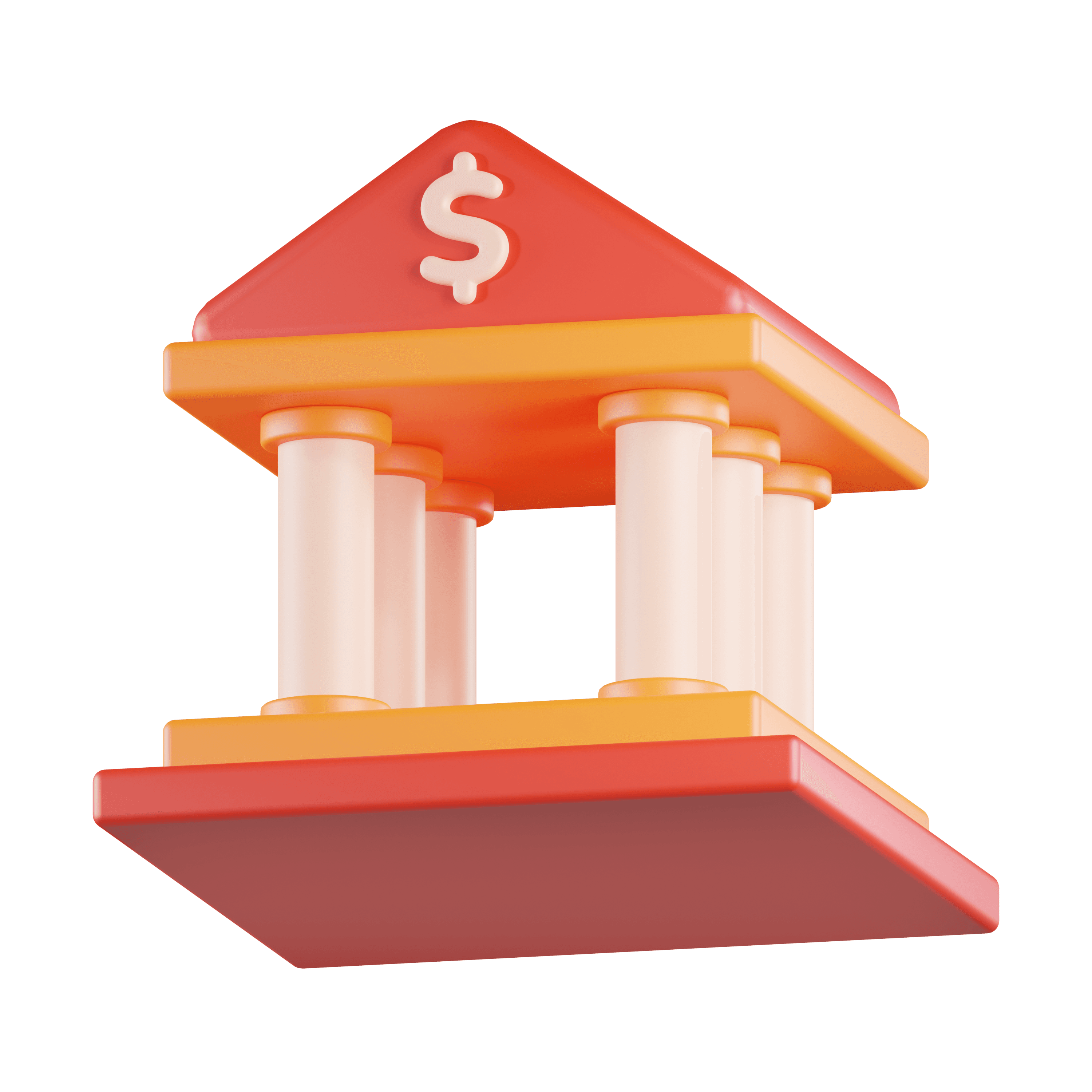 3D illustration of a minimalist bank building with pink roof, white columns, and a dollar sign symbol, rendered in a simple geometric style