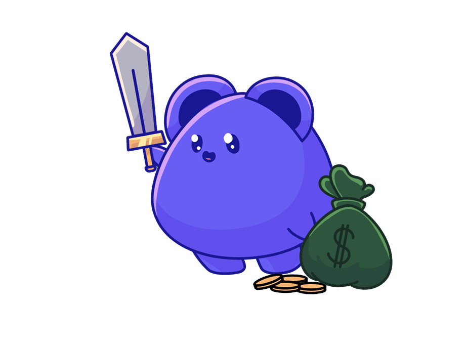 Happy pettbro with sword in one hand and money bag in the other, with 4 gold coins on the ground