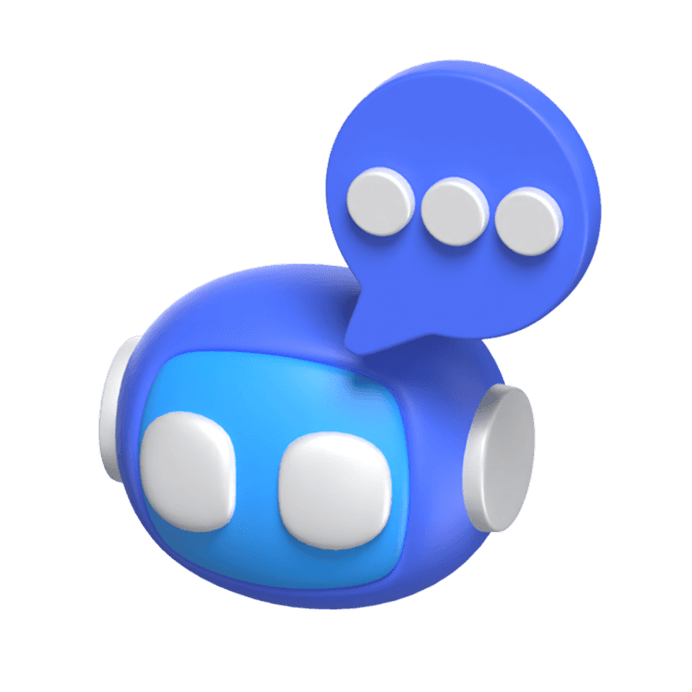 3D illustration of a minimalist robot head with a speech bubble over it